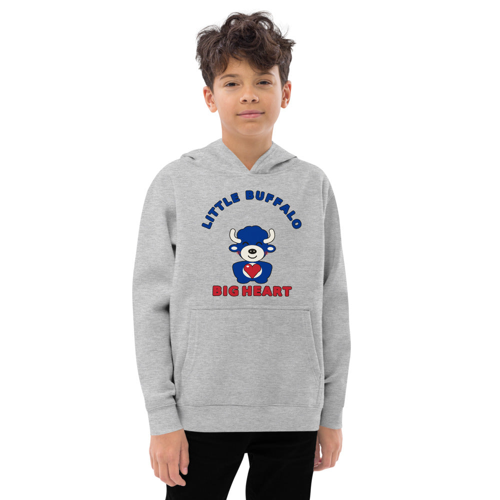 Little Buffalo Big Heart youth hoodie, Athletic Heather on model