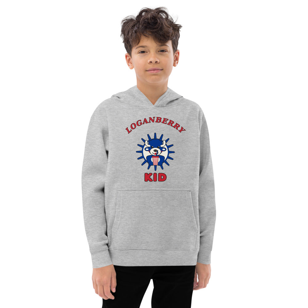 Loganberry Kid youth hoodie, Athletic Heather on model