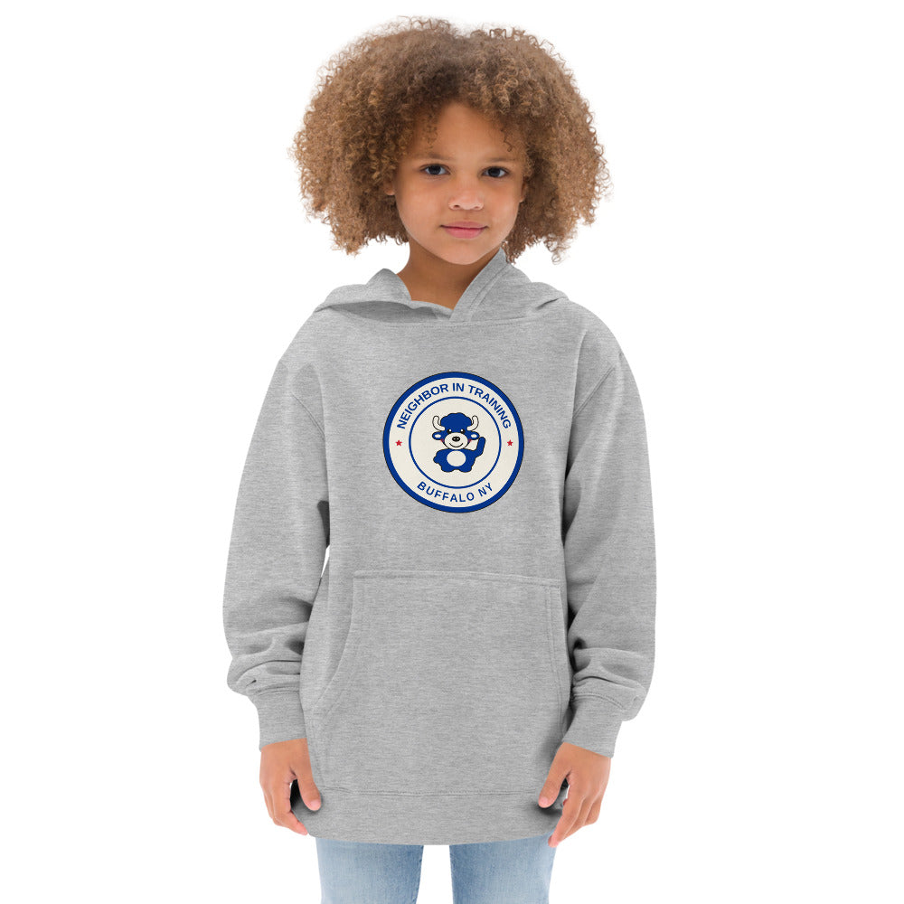 Neighbor In Training youth hoodie, Athletic Heather on model
