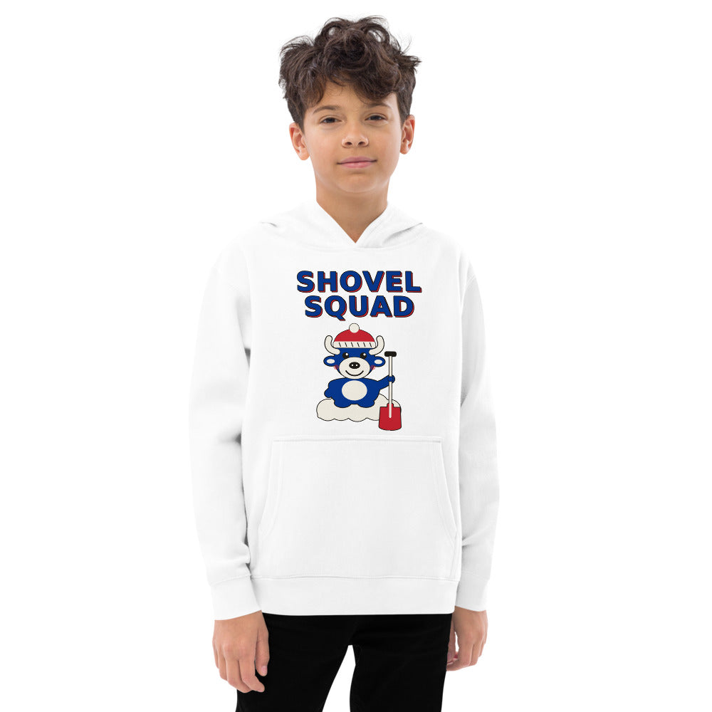 Shovel Squad youth hoodie, White on model
