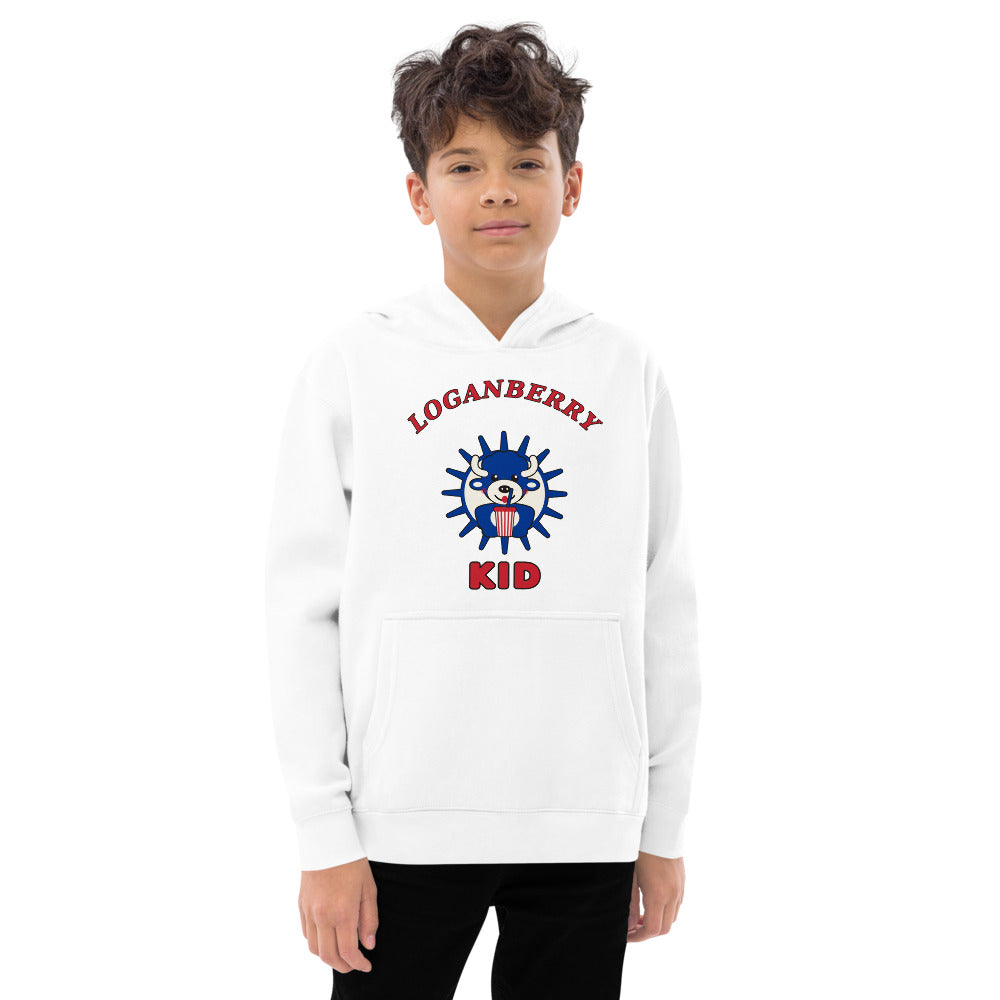 Loganberry Kid youth hoodie, White on model