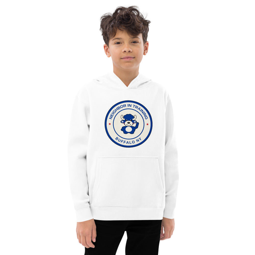 Neighbor In Training youth hoodie, White on model