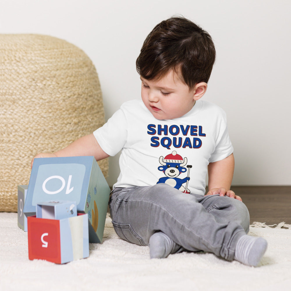 Shovel Squad toddler tee, White on model