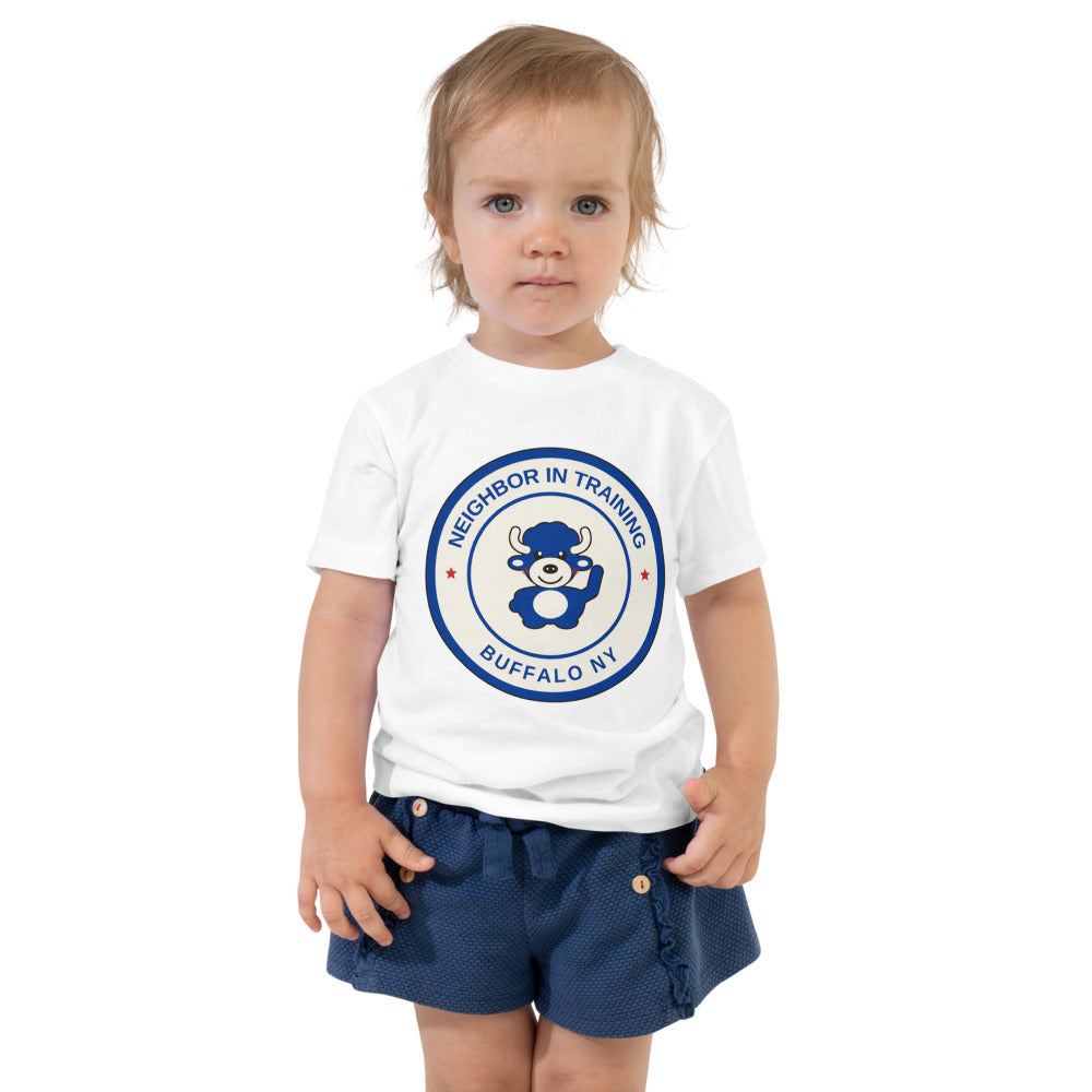 Neighbor In Training toddler tee, White on model