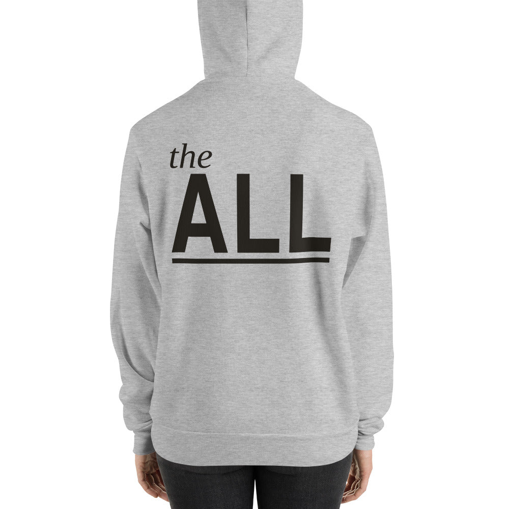 the ALL Hoodie, Athletic Heather, back on model