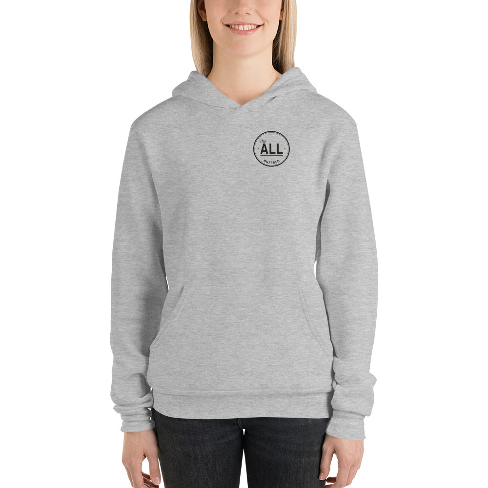 the ALL Hoodie, Front on model