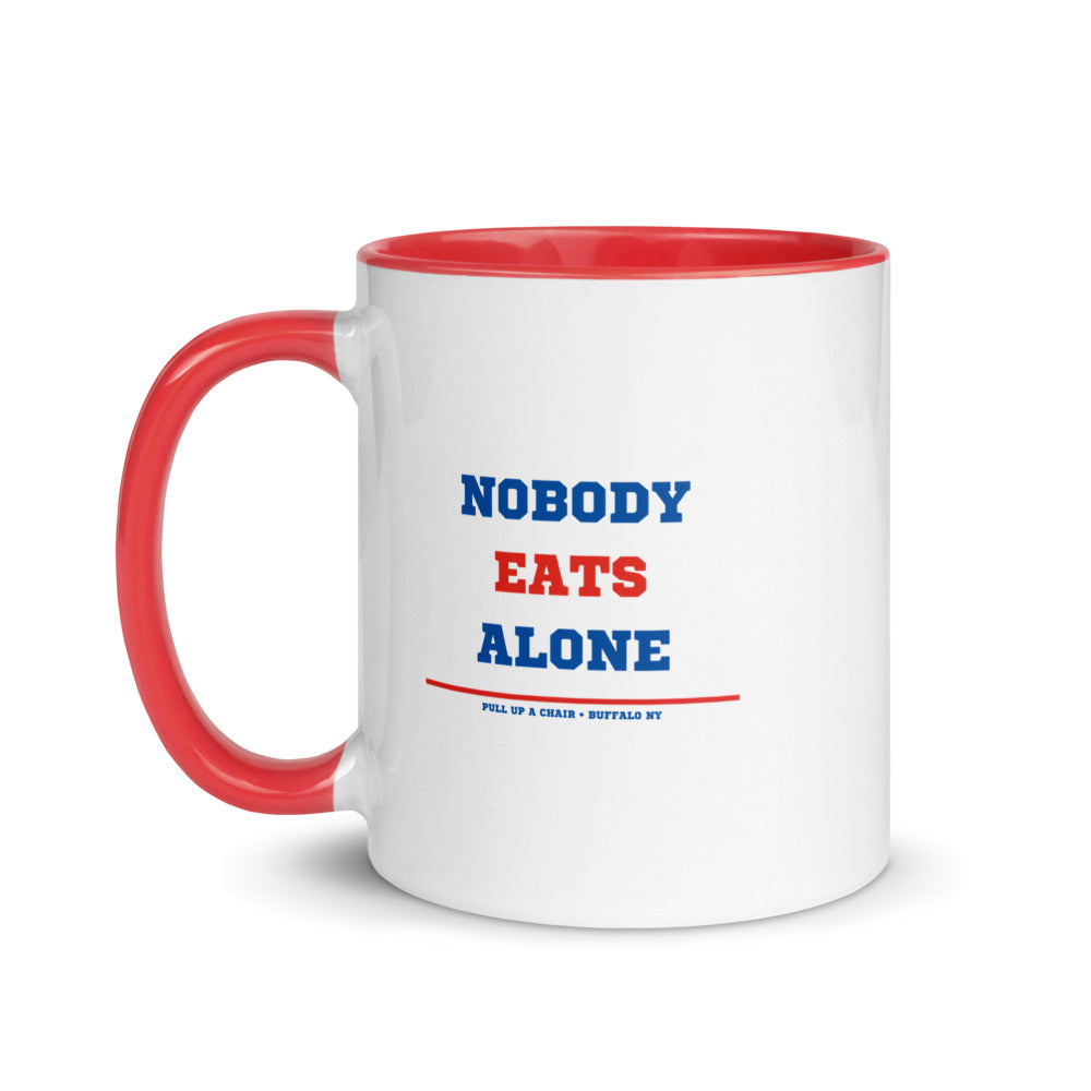 Nobody Eats Alone mug, red inside, side view