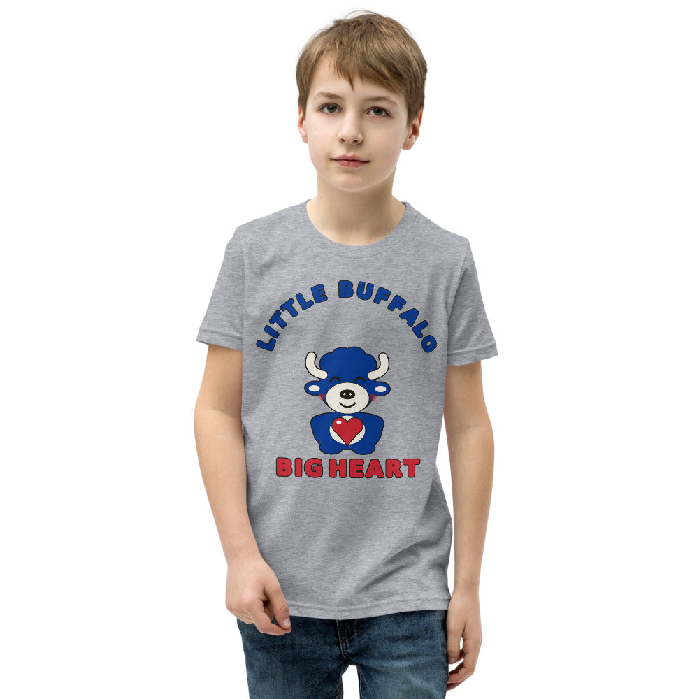 Little Buffalo Big Heart youth tee, Athletic Heather on model