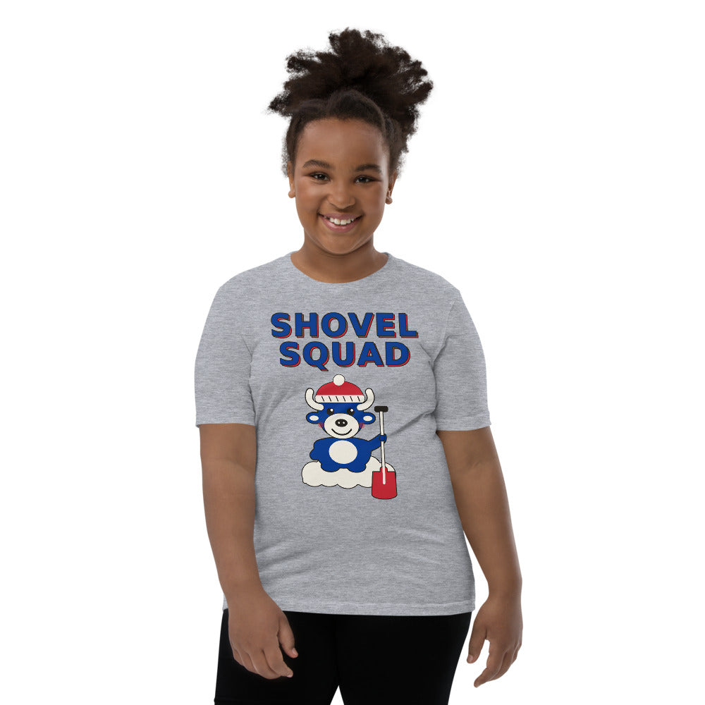 Shovel Squad youth tee, Athletic Heather on model