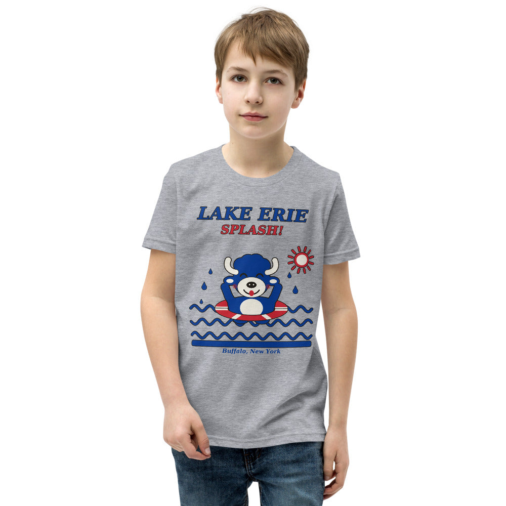 Lake Erie Splash youth tee, Athletic Heather on model