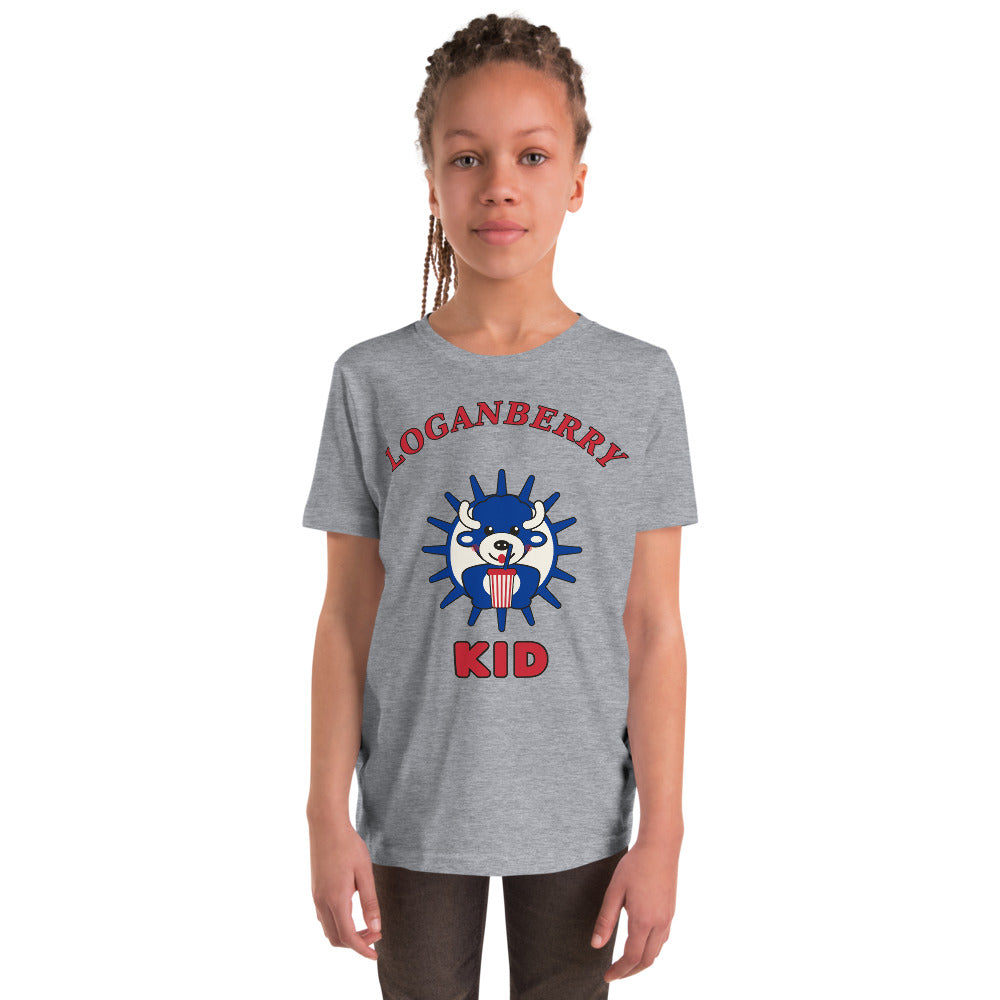 Loganberry Kid youth tee, Athletic Heather on model