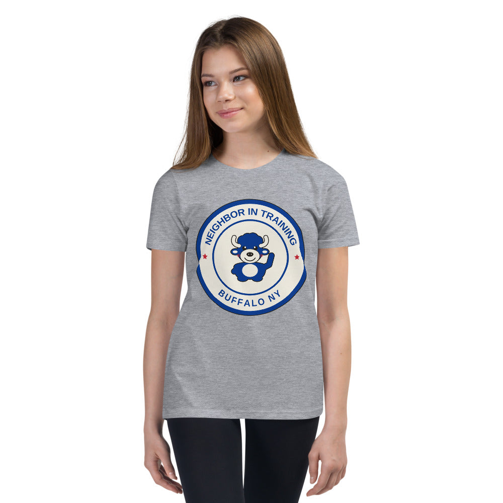 Neighbor In Training youth tee, Athletic Heather on model