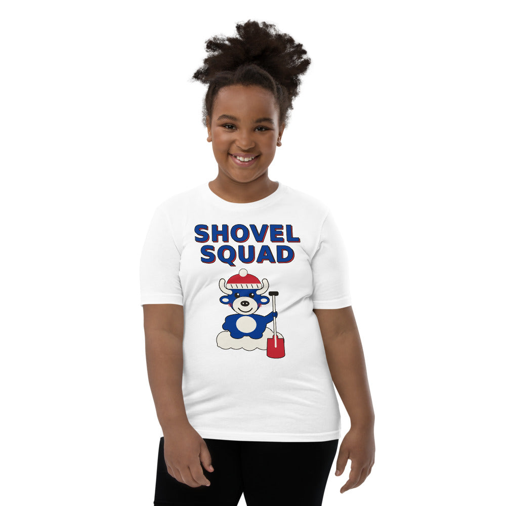 Shovel Squad youth tee, White on model