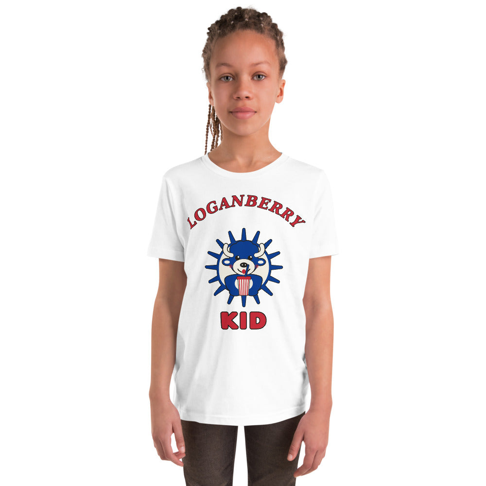 Loganberry Kid youth tee, White on model