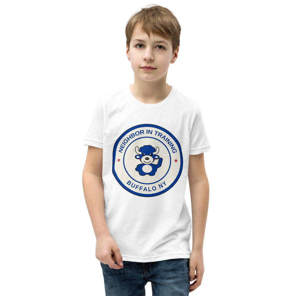 Neighbor In Training youth tee, White on model